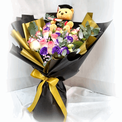 Graduation Bear with Roses Hand Bouquet | BQ143 - Jade Valley Gifts & Floral Design Centre