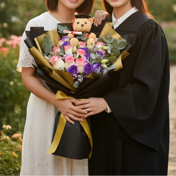 Graduation Bear with Roses Hand Bouquet | BQ143 - Jade Valley Gifts & Floral Design Centre