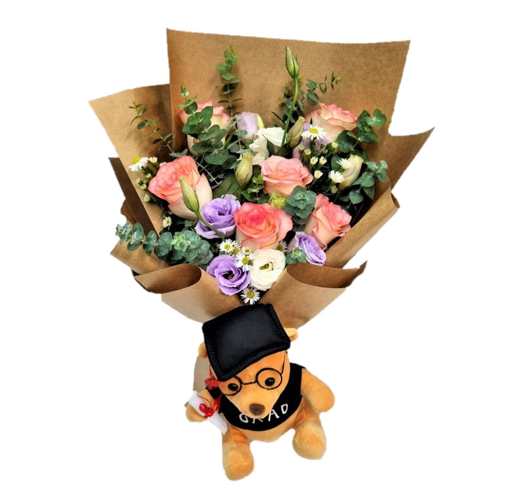 Graduation Bear with Roses Hand Bouquet | BQ145 - Jade Valley Gifts & Floral Design Centre