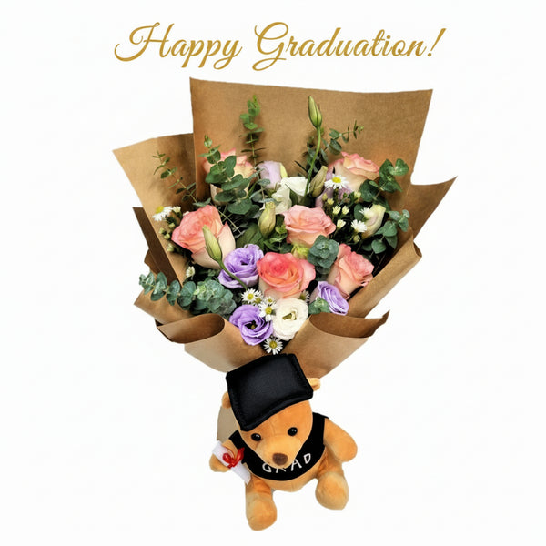 Graduation Bear with Roses Hand Bouquet | BQ145 - Jade Valley Gifts & Floral Design Centre