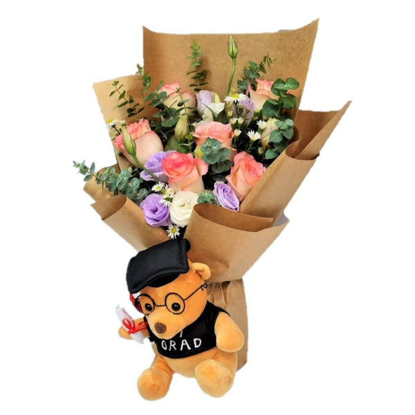 Graduation Bear with Roses Hand Bouquet | BQ145 - Jade Valley Gifts & Floral Design Centre