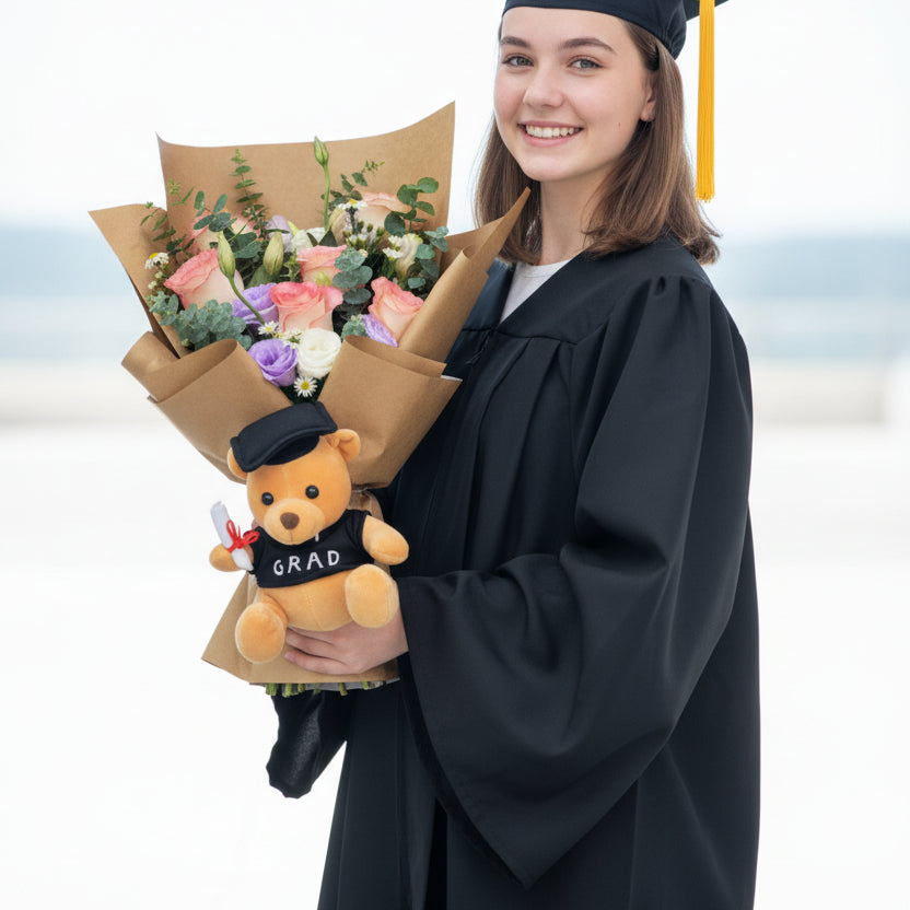 Graduation Bear with Roses Hand Bouquet | BQ145 - Jade Valley Gifts & Floral Design Centre