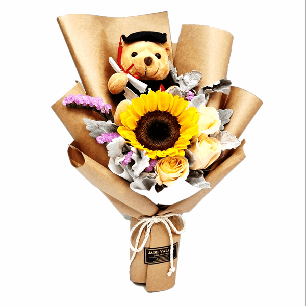 Graduation Bear with Roses, Sunflowers Hand Bouquet | BQ142 - Jade Valley Gifts & Floral Design Centre