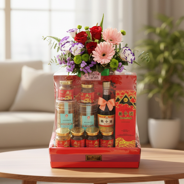 Health Foods Hamper with Tonic & Flowers | HF223 - Jade Valley Gifts & Floral Design Centre