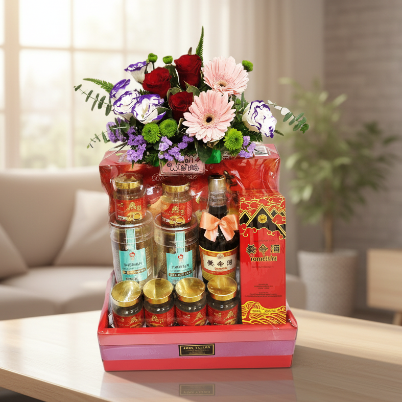 Health Foods Hamper with Tonic & Flowers | HF223 - Jade Valley Gifts & Floral Design Centre