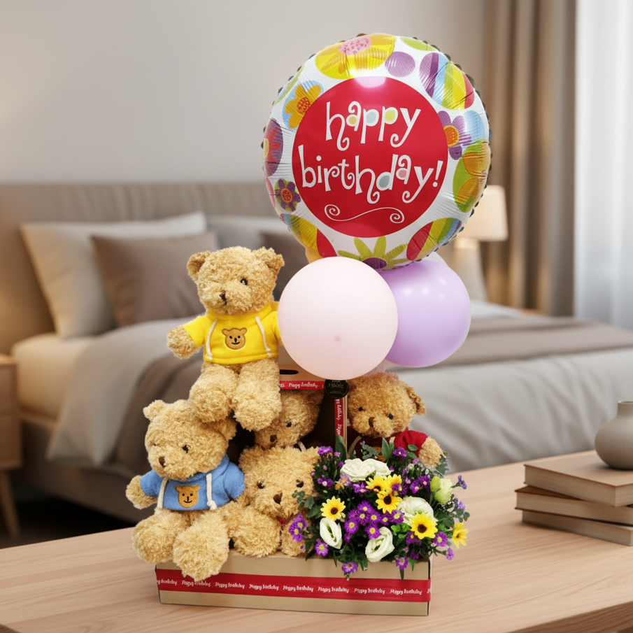Teddy Tower Birthday Hamper 30cm with Balloons  | GT249 - Jade Valley Gifts & Floral Design Centre