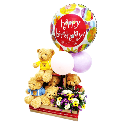 Teddy Tower Birthday Hamper 30cm with Balloons  | GT249 - Jade Valley Gifts & Floral Design Centre