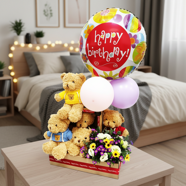 Teddy Tower Birthday Hamper 30cm with Balloons  | GT249 - Jade Valley Gifts & Floral Design Centre